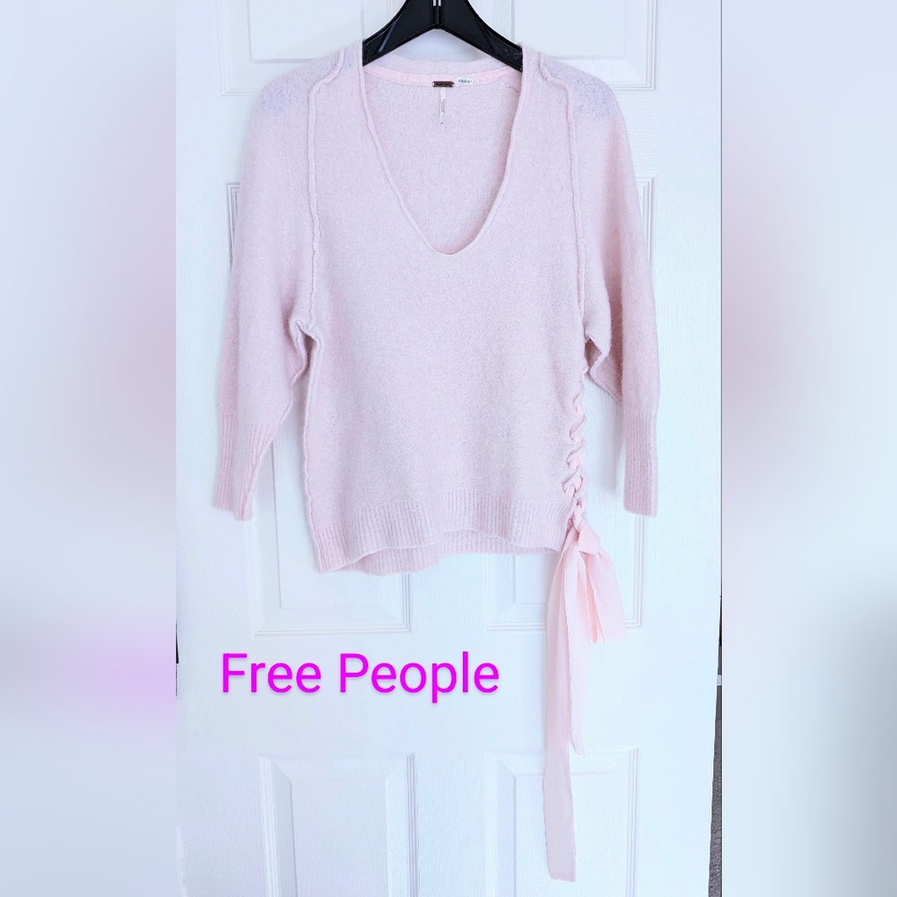 EUC Free People Powder Pink Boiled Wool V-Neck Sweater with Side Tie Sz XS
